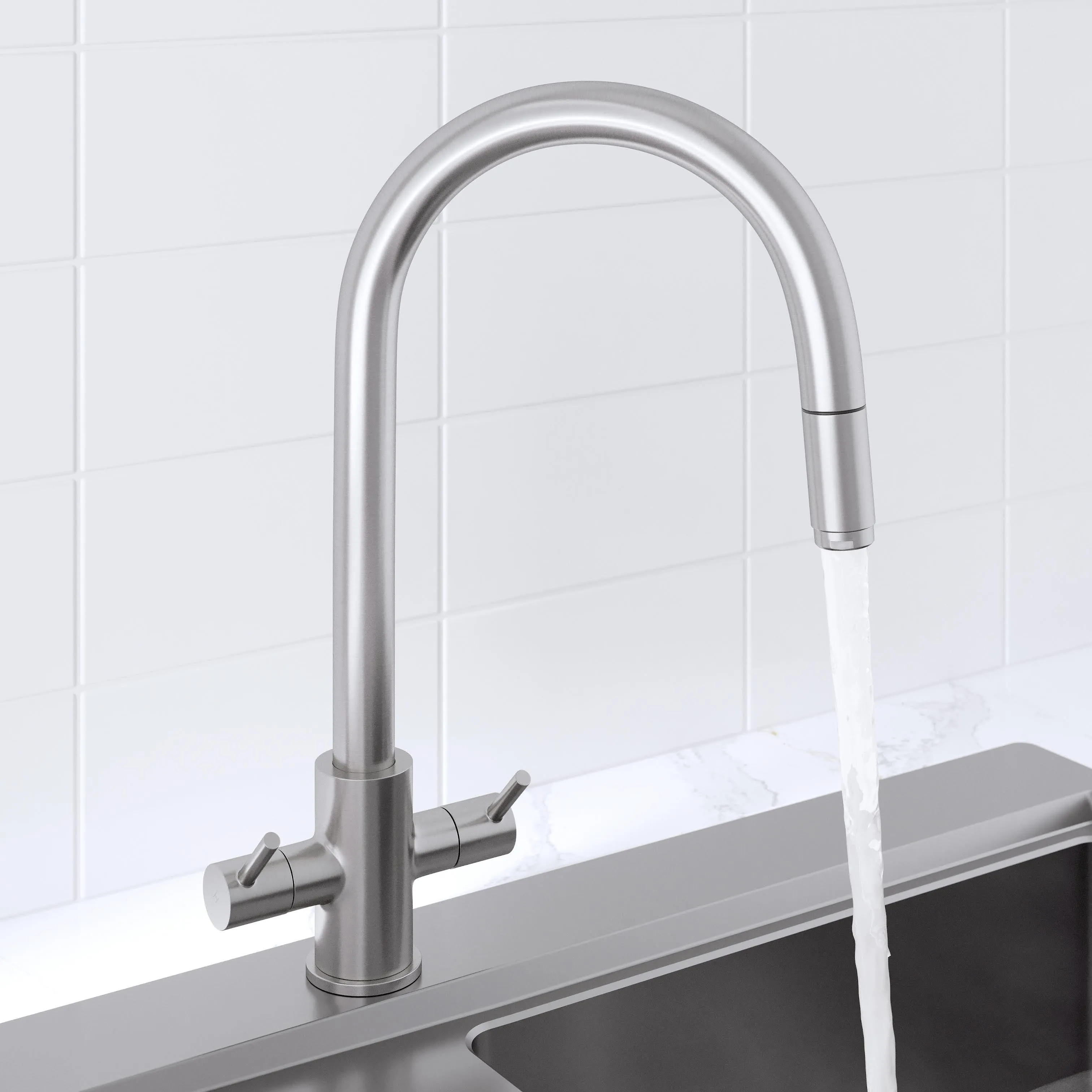 Sauber Pull Out Kitchen Tap - Dual Lever Brushed