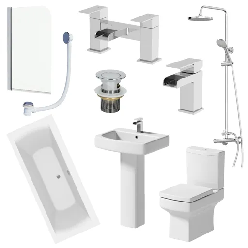 Royan Bathroom Suite with Double Ended Square Bath, Taps, Shower & Screen - 1700mm