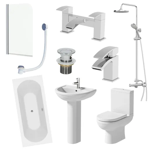 Milan Bathroom Suite with Double Ended Curved Bath, Taps, Shower & Screen - 1700mm