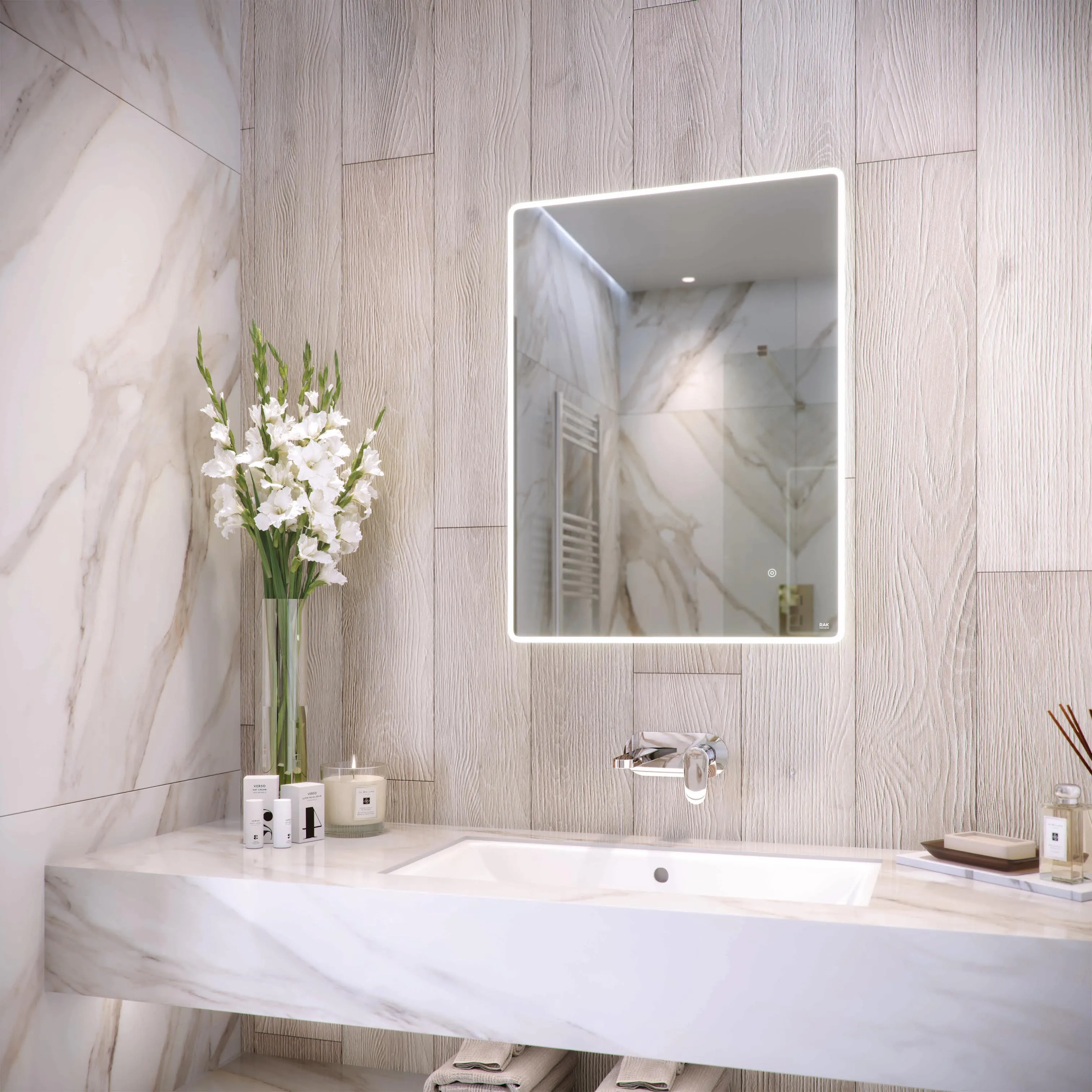 RAK Amethyst LED Bathroom Mirror with Demister Pad and Shaver Socket 700 x 500mm - Mains Power