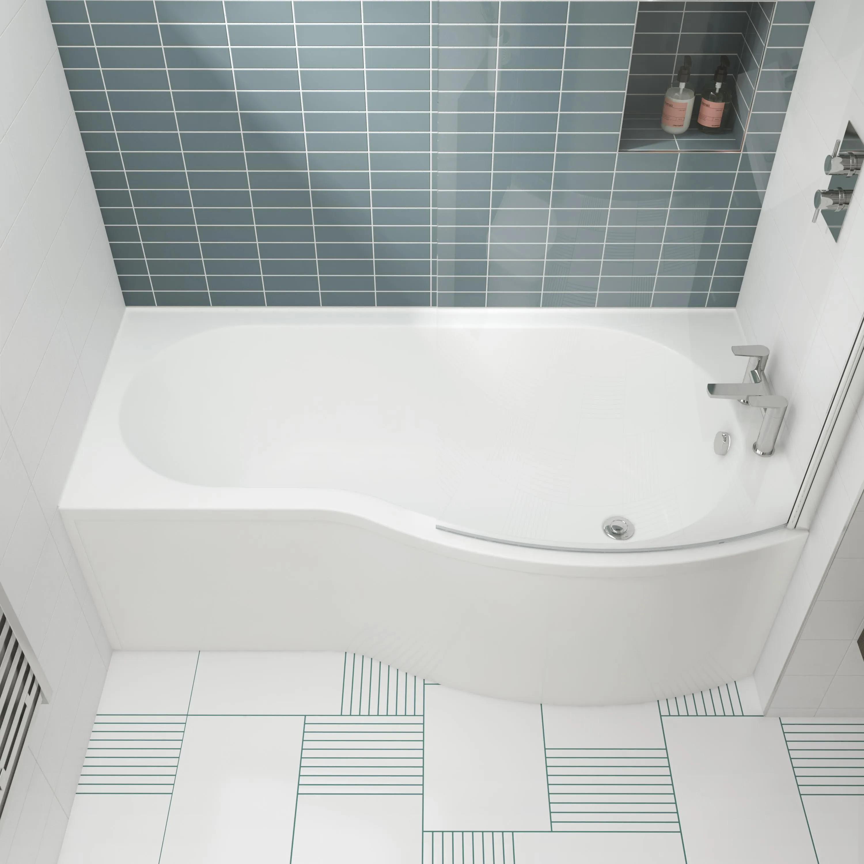 Ceramica P Shaped Shower Bath 1600mm Right Hand - Including Bath Legs