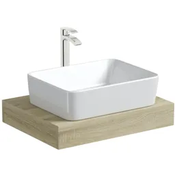 Mode Orion oak countertop shelf 600mm with Ellis countertop basin, tap and waste