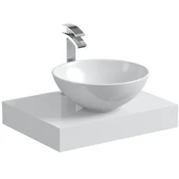 Mode Orion white countertop shelf 600mm with Derwent countertop basin, tap and waste