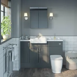 Reeves Newbury dusk grey small fitted furniture & mirror combination with white marble worktop