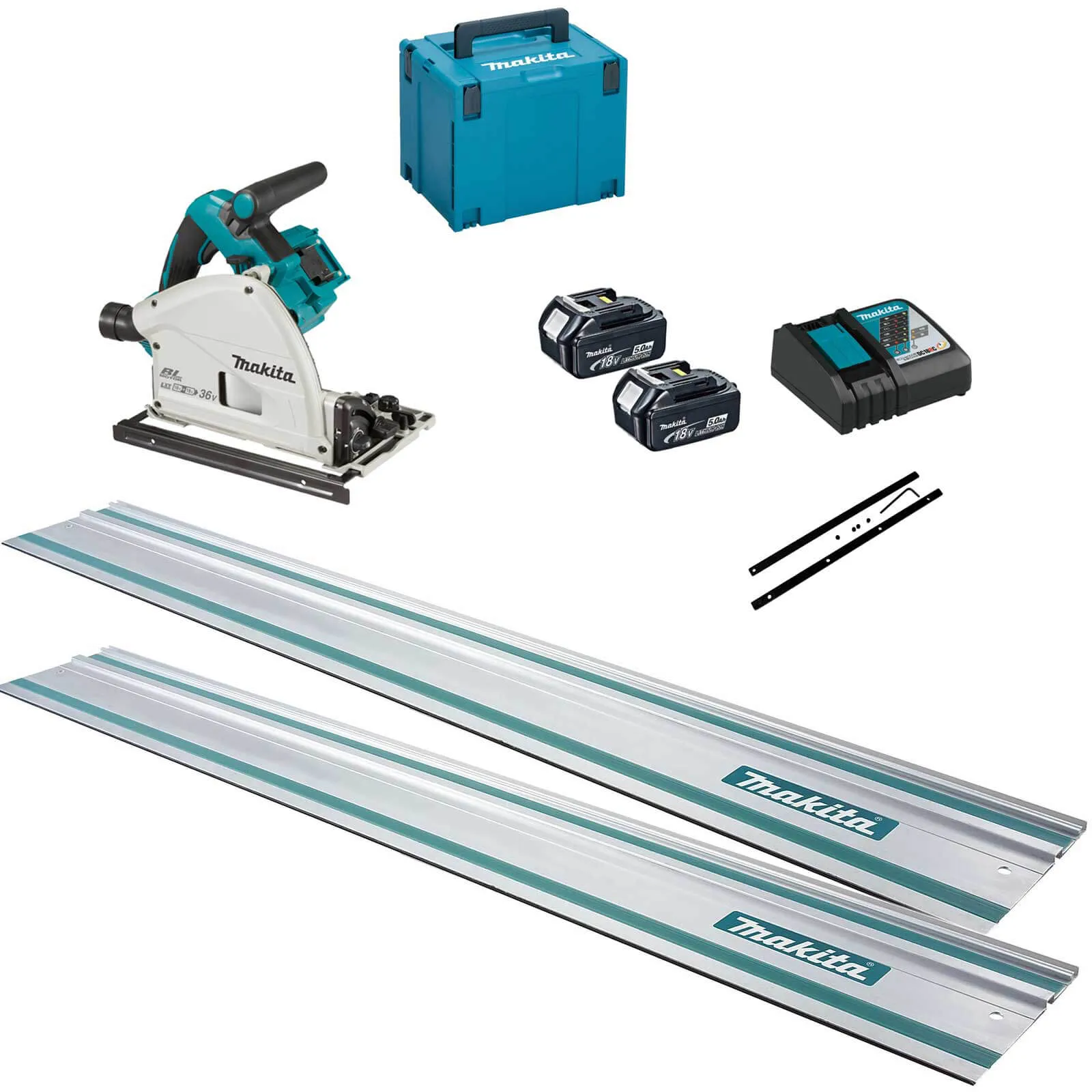 Makita DSP600ZJ Twin 18v LXT Cordless Brushless Plunge Saw 3 Piece Kit - 2 x 5ah Li-ion, Charger, Case & Accessories