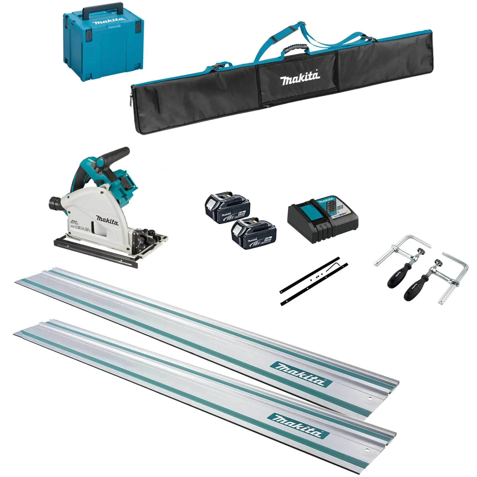 Makita DSP600ZJ Twin 18v LXT Cordless Brushless Plunge Saw 6 Piece Kit - 2 x 5ah Li-ion, Charger, Case & Accessories