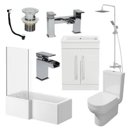 Oceane Bathroom Suite with L Shape Bath, Taps, Shower, Screen & Aurora Vanity Unit Left Hand 1700mm