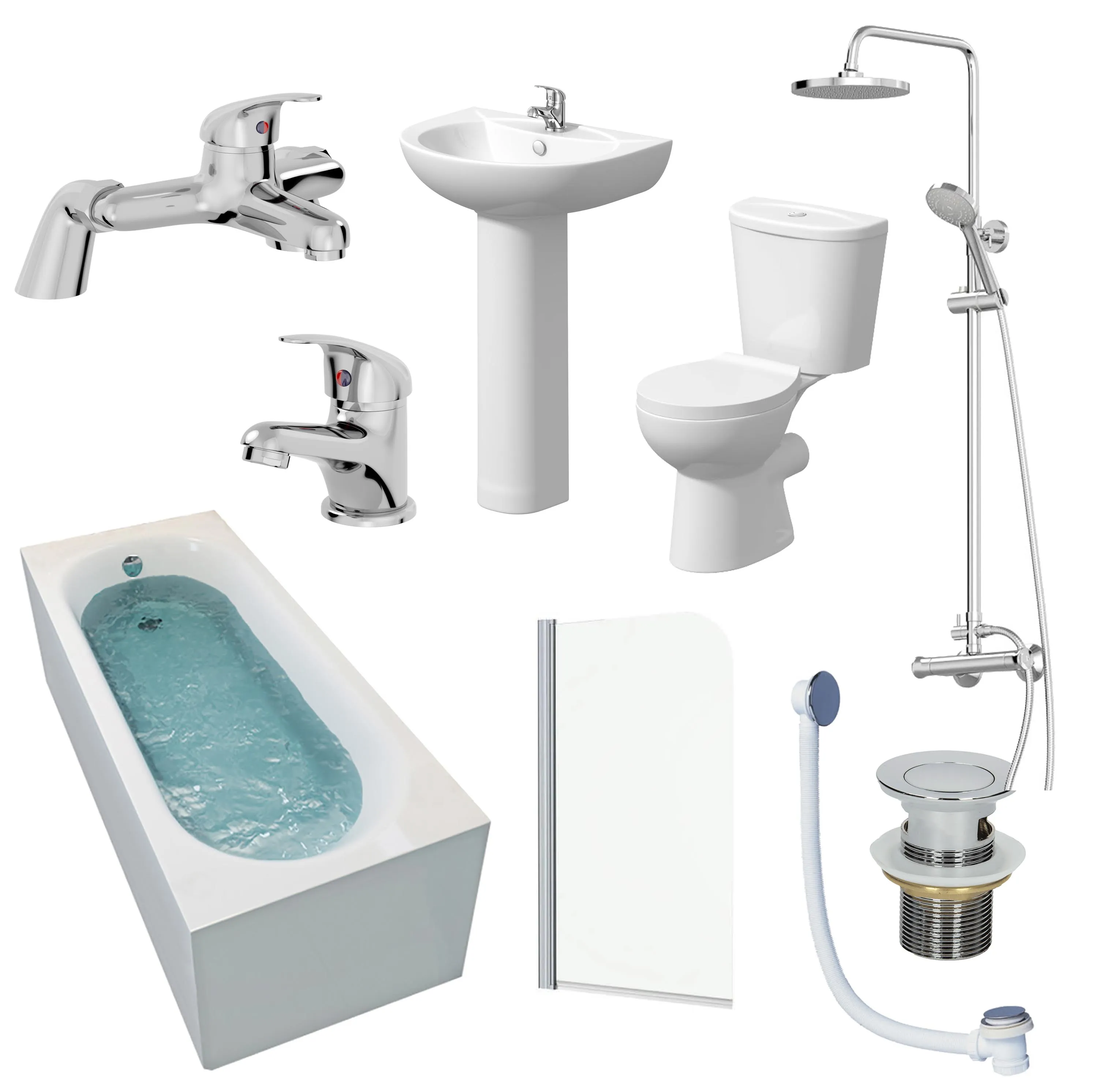 Essentials Bathroom Suite with Single Ended Bath, Taps, Shower & Screen - 1700mm