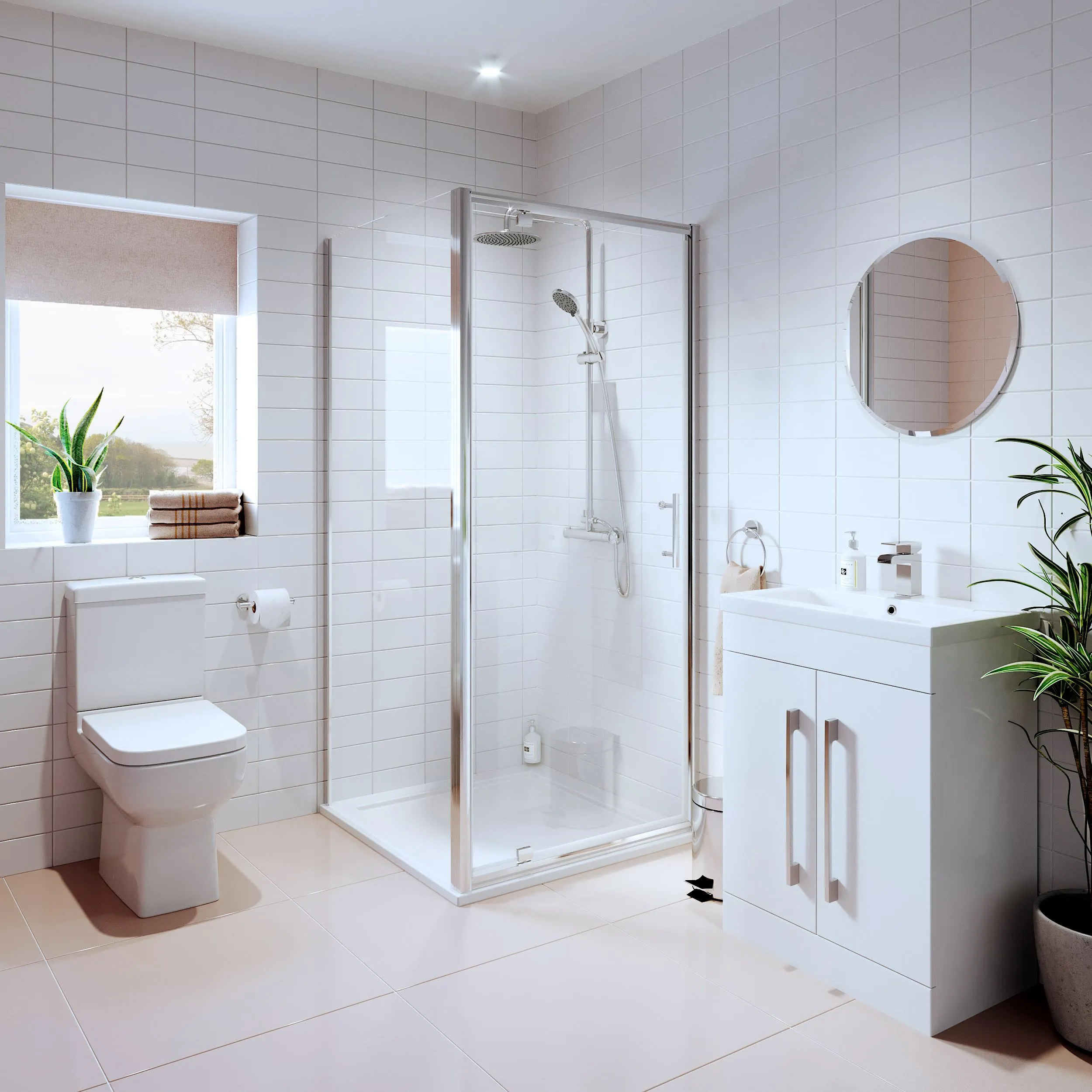 Amelie Bathroom Suite with Luxura Pivot Enclosure & Aurora Vanity Unit - 760mm