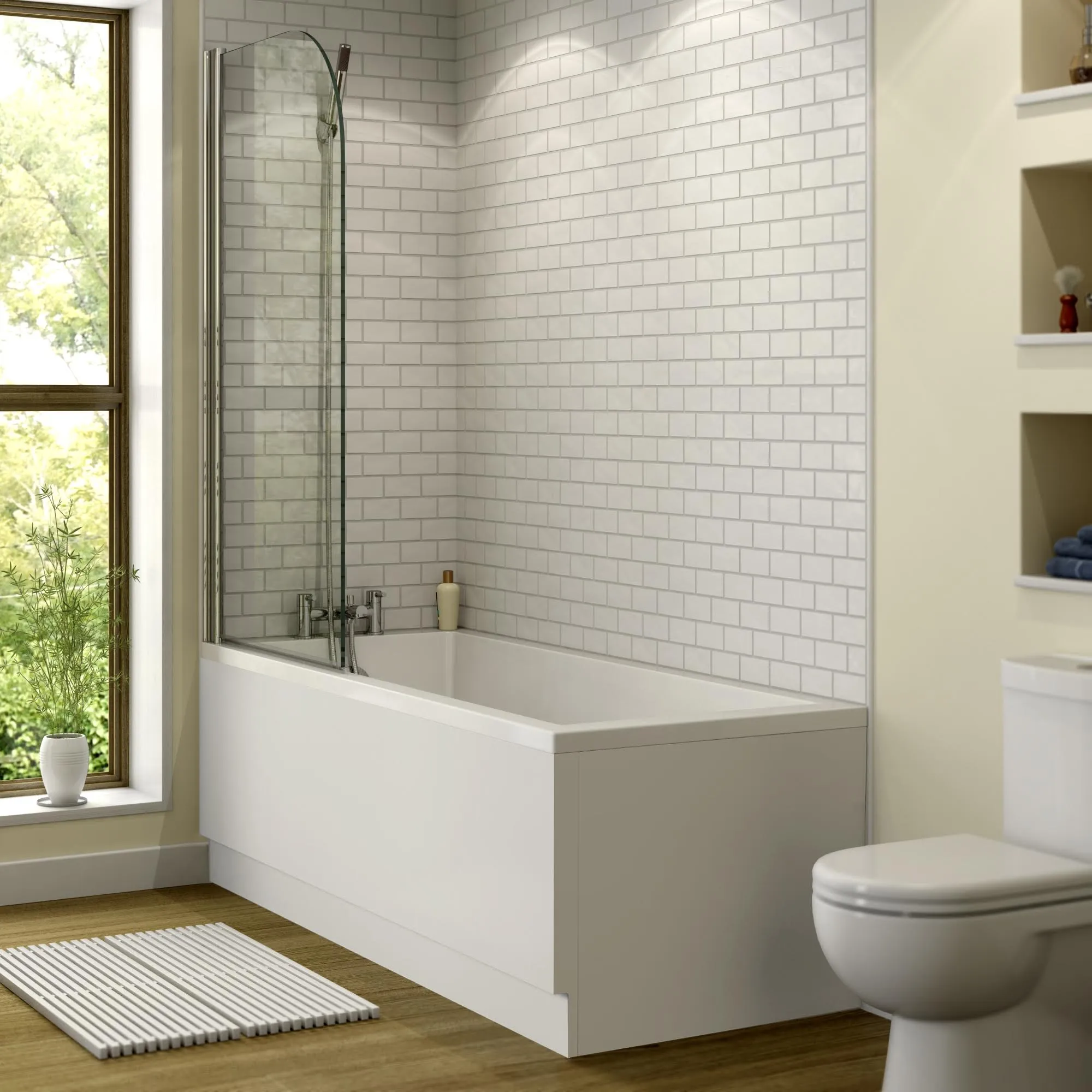 Ceramica Straight Square Bath Bundle 1700x700mm With Curved Shower Screen & Front And End Bath Panel