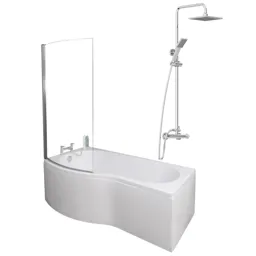 Ceramica P 1700 Left Shower Bath With Chrome Square Thermostatic Mixer Shower & Side Panel