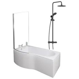 Ceramica P 1700 Left Shower Bath With Black Round Thermostatic Mixer Shower & Side Panel