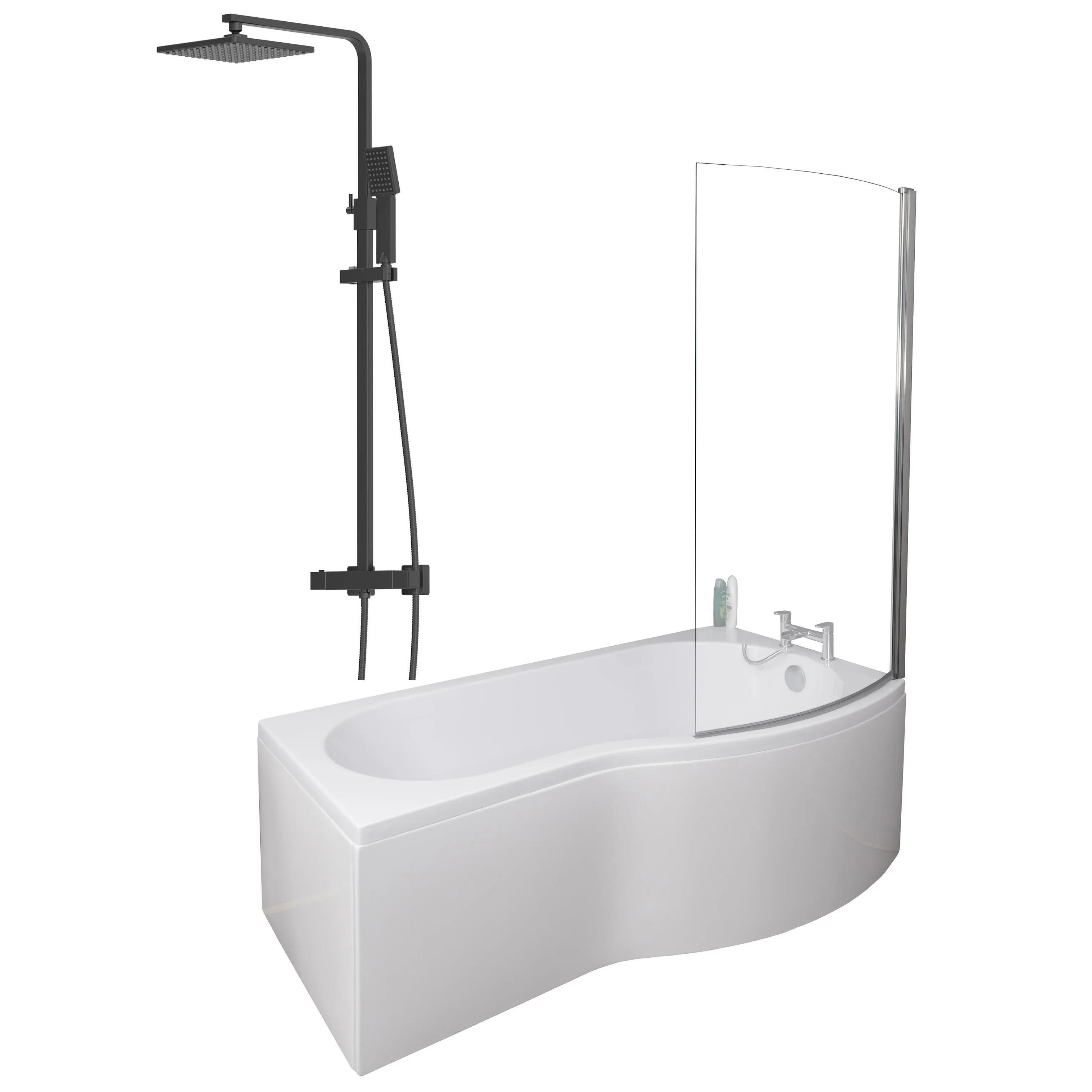 Ceramica P 1700 Right Shower Bath With Black Square Thermostatic Mixer Shower & Side Panel
