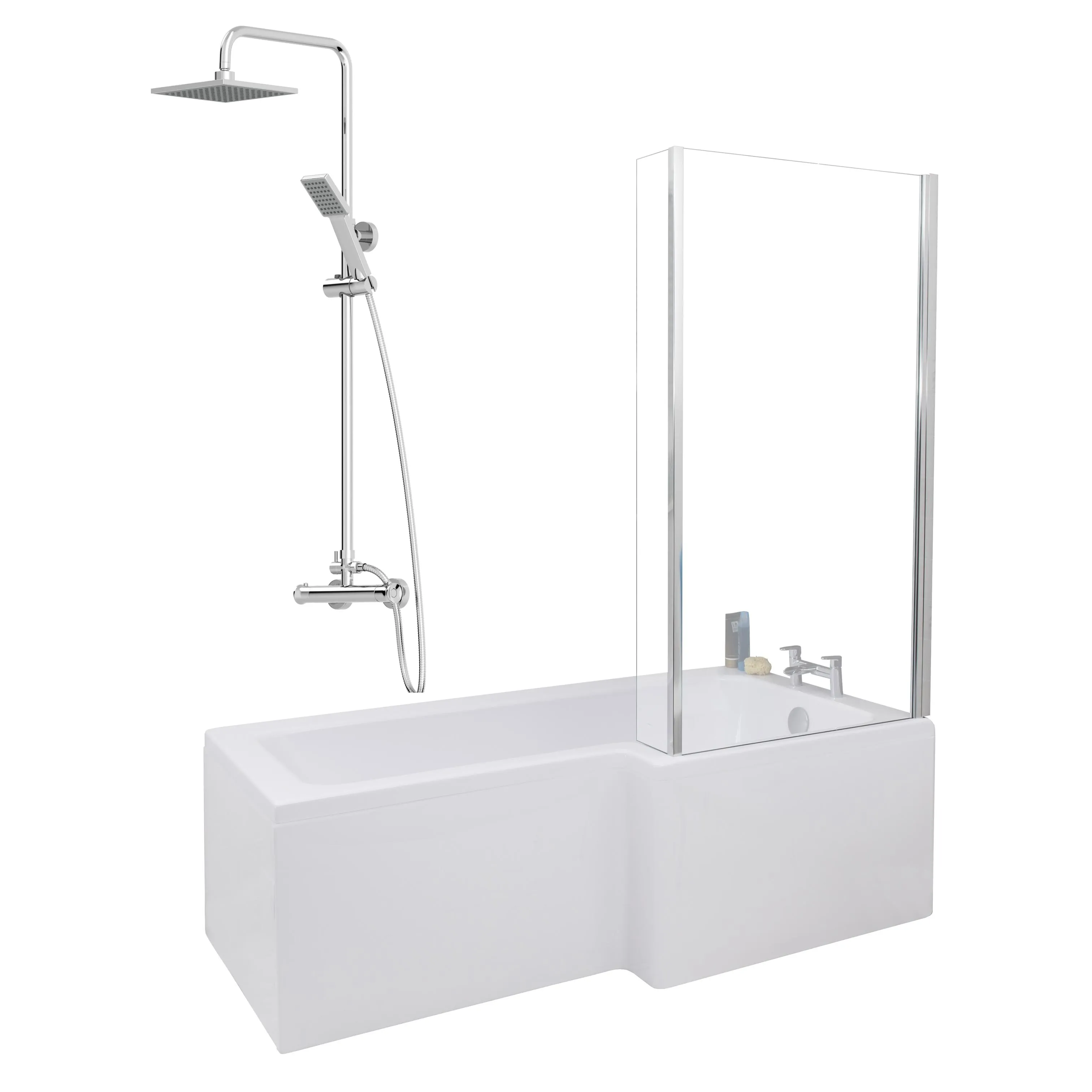 Ceramica L 1700 Right Shower Bath With Chrome Square Thermostatic Mixer Shower & Side Panel