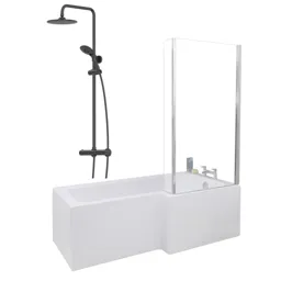Ceramica L 1700 Right Shower Bath With Black Round Thermostatic Mixer Shower & Side Panel