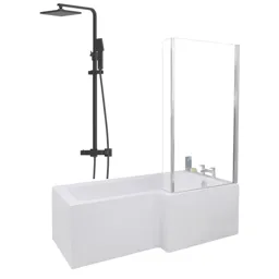 Ceramica L 1700 Right Shower Bath With Black Square Thermostatic Mixer Shower & Side Panel
