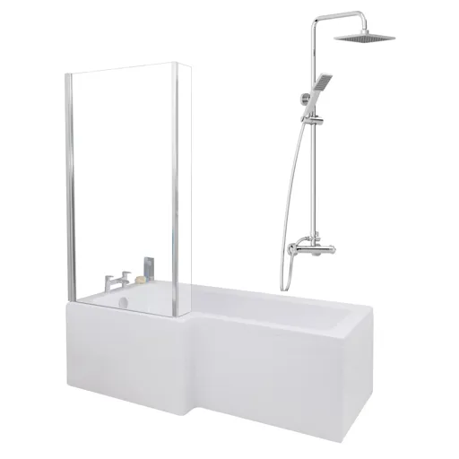 Ceramica L 1700 Left Shower Bath With Chrome Square Thermostatic Mixer Shower & Side Panel