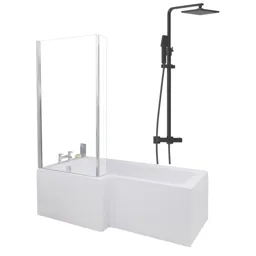 Ceramica L 1700 Left Shower Bath With Black Square Thermostatic Mixer Shower & Side Panel