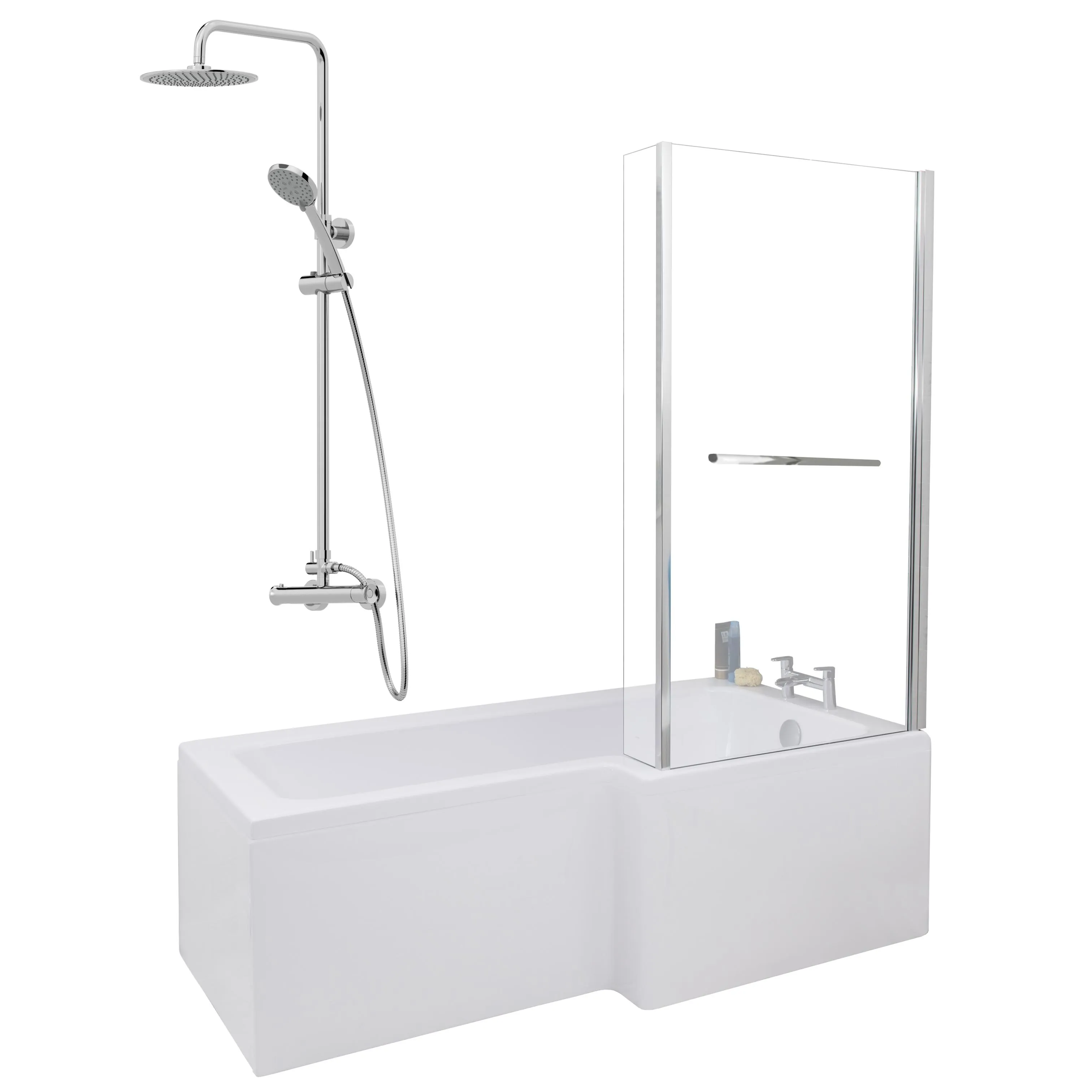 Ceramica L 1700 Right Shower Bath - Screen With Rail, Chrome Round Mixer Shower & Side Panel