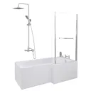 Ceramica L 1700 Right Shower Bath - Screen With Rail, Chrome Square Mixer Shower & Side Panel