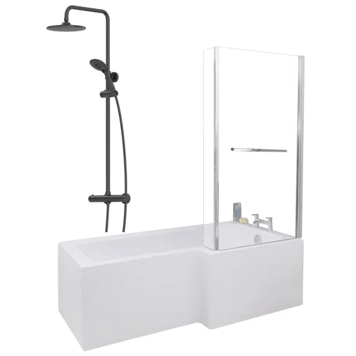 Ceramica L 1700 Right Shower Bath - Screen With Rail, Black Round Mixer Shower & Side Panel