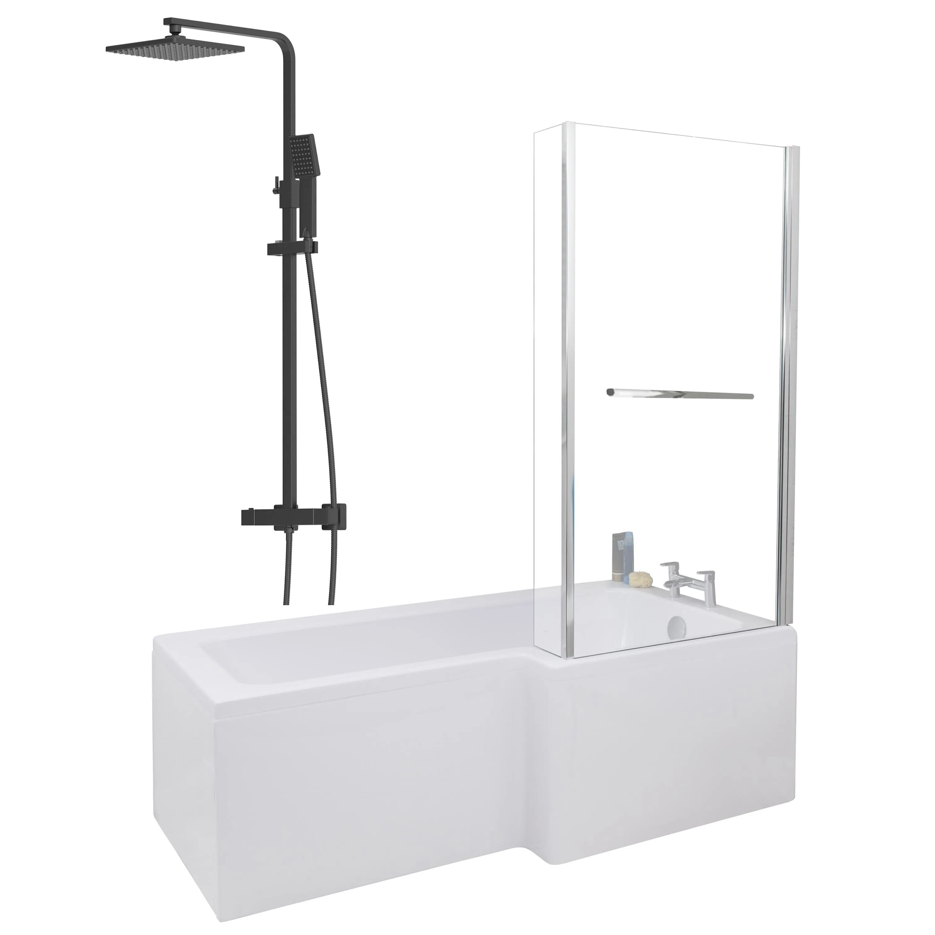 Ceramica L 1700 Right Shower Bath - Screen With Rail, Black Square Mixer Shower & Side Panel