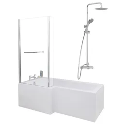 Ceramica L 1700 Left Shower Bath - Screen With Rail, Chrome Round Mixer Shower & Side Panel