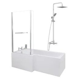 Ceramica L 1700 Left Shower Bath - Screen With Rail, Chrome Square Mixer Shower & Side Panel