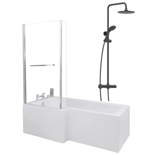 Ceramica L 1700 Left Shower Bath - Screen With Rail, Black Round Mixer Shower & Side Panel