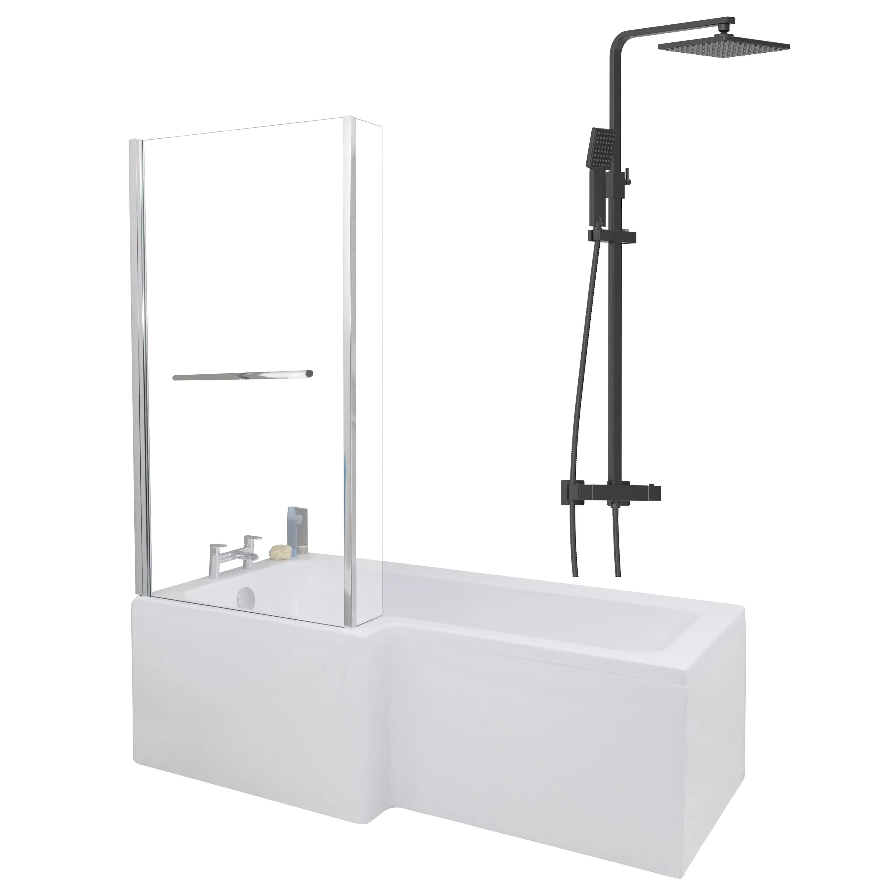 Ceramica L 1700 Left Shower Bath - Screen With Rail, Black Square Mixer Shower & Side Panel