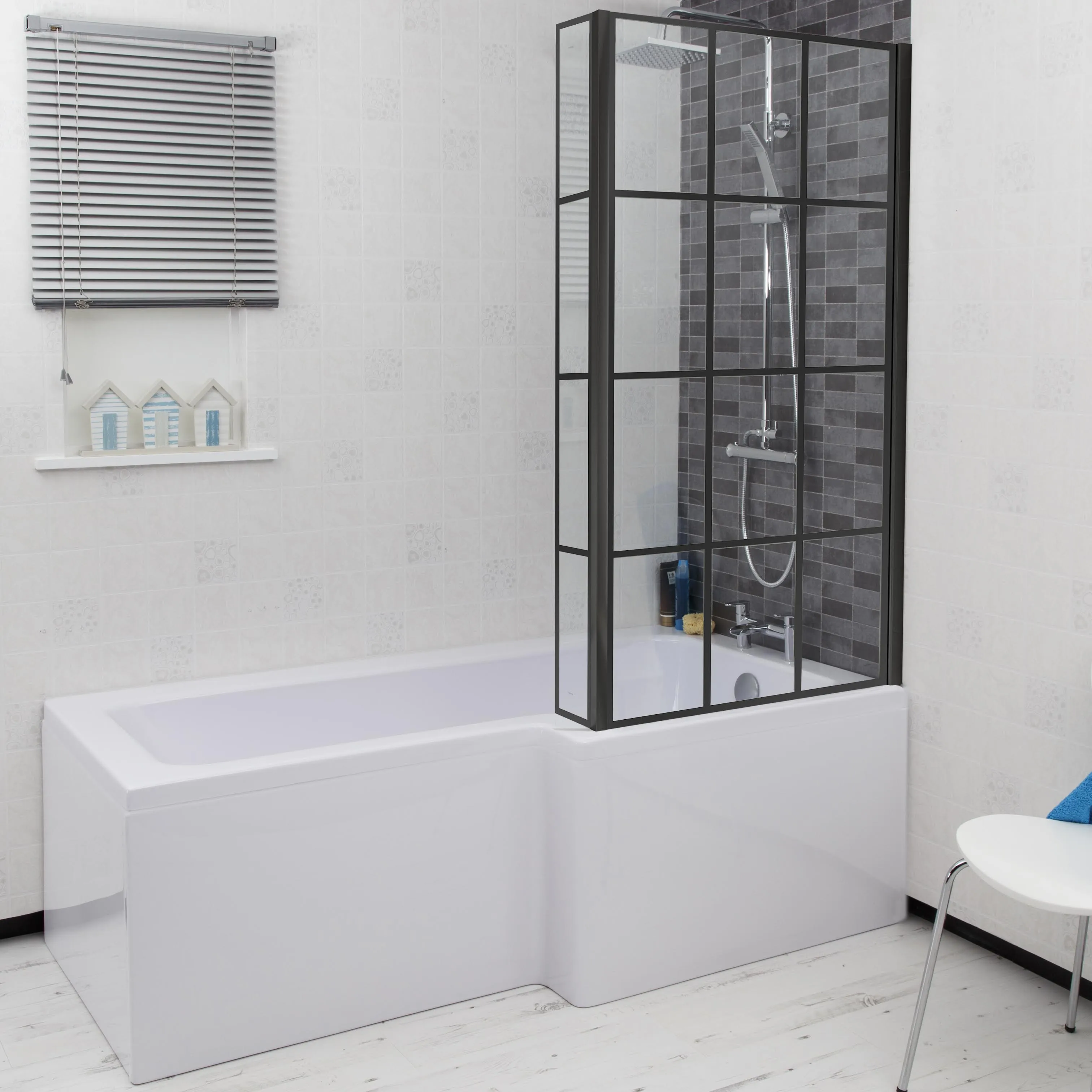 Ceramica L Bath Bundle 1500mm Right Hand - Including Black Grid Shower Screen and Front Bath Panel