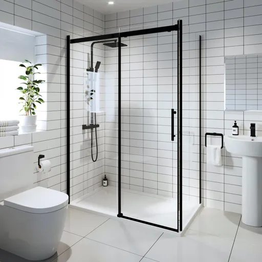 Diamond Black Frameless Sliding Shower Door with Podium Anti Slip Tray & Waste 1200x800mm-8mm Glass