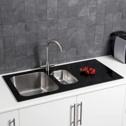 Sauber 1.5 Bowl Kitchen Sink with Black Glass Surround and Right Hand Drainer