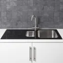 Sauber 1.5 Bowl Kitchen Sink with Black Glass Surround and Left Hand Drainer