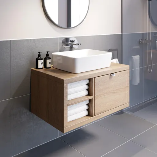 Vitusso Wood Wall Hung Vanity Unit & Croix Gloss White Countertop Basin with Shelf 800mm LH