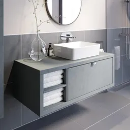 Vitusso Concrete Wall Hung Vanity Unit & Croix Gloss White Countertop Basin with Shelf 1100mm LH