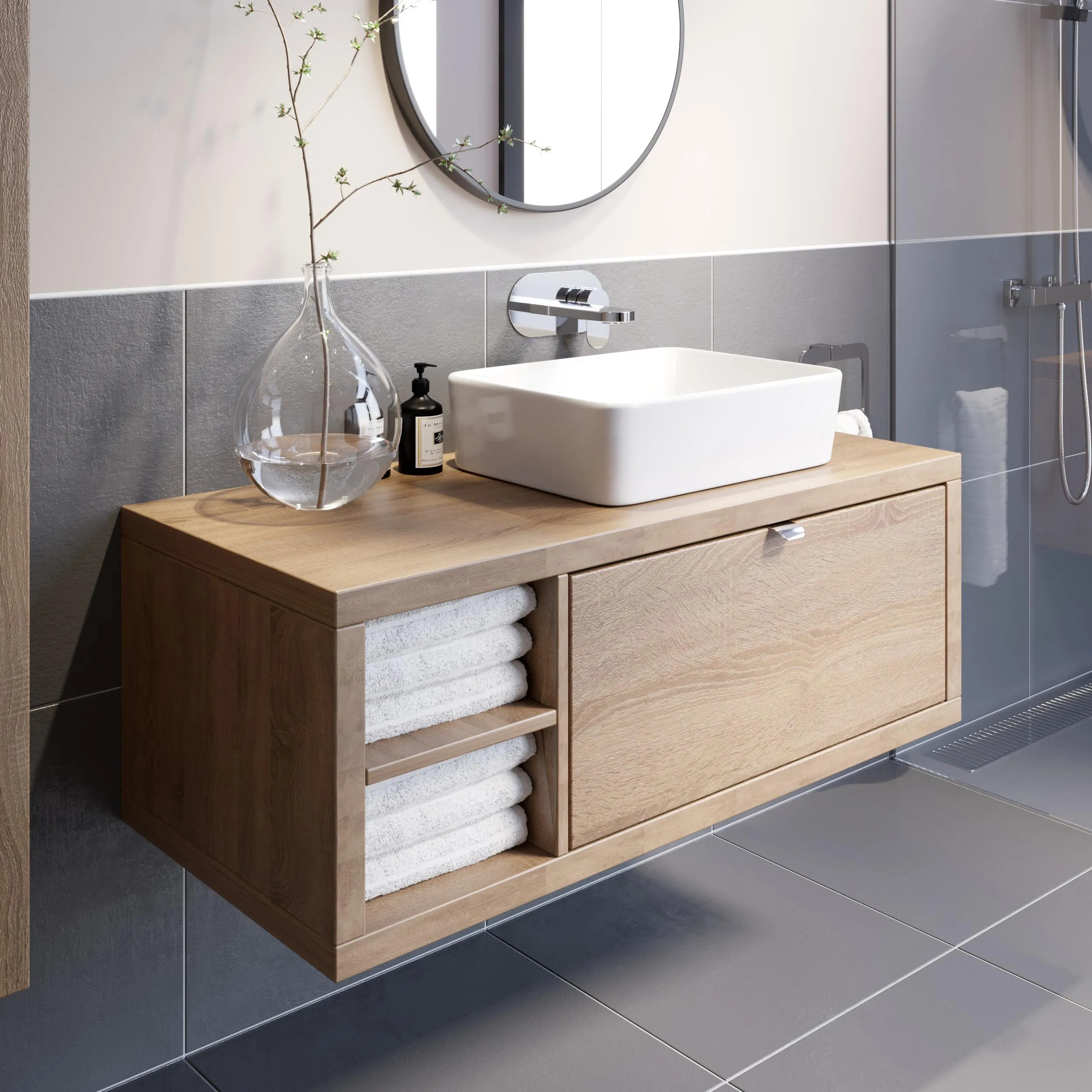 Vitusso Wood Wall Hung Vanity Unit & Croix Gloss White Countertop Basin with Shelf 1100mm LH
