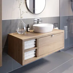 Vitusso Wood Wall Hung Vanity Unit & St Tropez Gloss White Countertop Basin with Shelf 1100mm LH