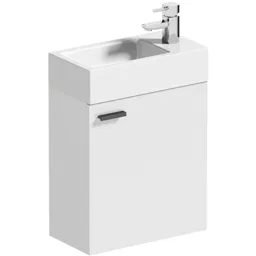 Clarity Compact white wall hung vanity unit with black handle and basin 410mm