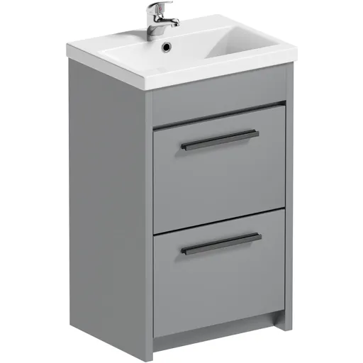 Clarity satin grey floorstanding vanity unit with black handle and ceramic basin 510mm