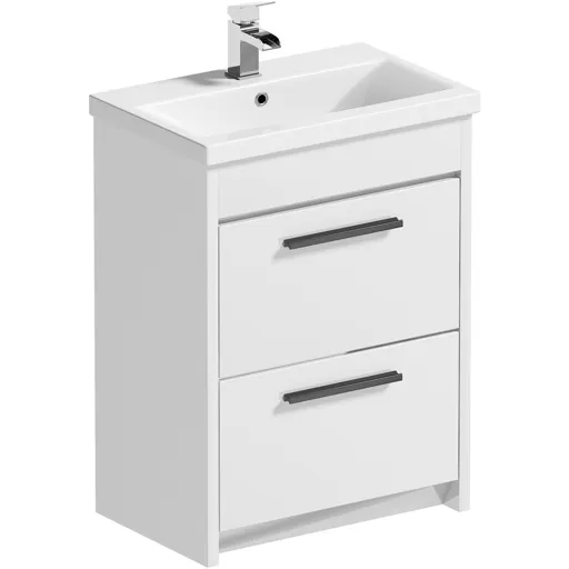 Clarity white floorstanding vanity unit with black handle and ceramic basin 600mm