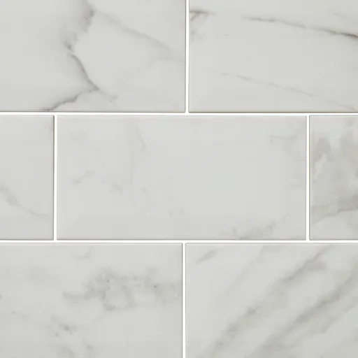 Trentie White Gloss Marble effect Ceramic Wall Tile, Pack of 48, (L)200mm (W)100mm