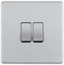 GoodHome Brushed Steel 20A 2 way 2 gang Flat Double light Screwless Switch