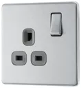 GoodHome Brushed Steel Single 13A Screwless Switched Socket with Grey inserts