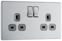 GoodHome Brushed Steel Double 13A Screwless Switched Socket with Grey inserts