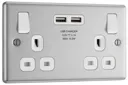 GoodHome Brushed Steel Double 13A Switched Socket with USB x2 & White inserts