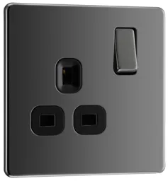 GoodHome Black Nickel Single 13A Screwless Switched Socket with Black inserts