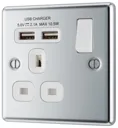 GoodHome Chrome Single 13A Switched Socket with USB x2 & White inserts
