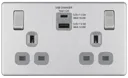 GoodHome Brushed Steel Double 13A Screwless Switched Socket with USB x2 & Grey inserts
