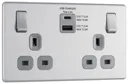 GoodHome Brushed Steel Double 13A Screwless Switched Socket with USB x2 & Grey inserts